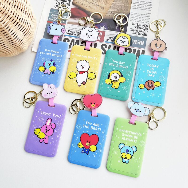 BT21 Telescopic Easy Pull Buckle Student Meal Card Protective Cover Cute Certificate Meal Card Bus Card Access Card Schoolbag Pendant
