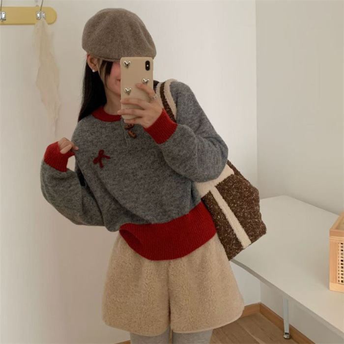 复古撞色松弛感针织毛衣女2025秋冬季新款慵懒风气质宽松显瘦上衣|undefined