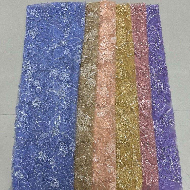 Tejido de bordado de sequilla tridimensional Tejido de bordado de tubo de encaje de alta fijación vestido de boda vestido de moda tela