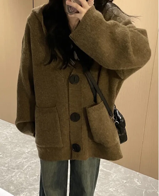 秋冬季慵懒风加厚连帽针织开衫女新款韩系宽松气质高级感毛衣外套|undefined