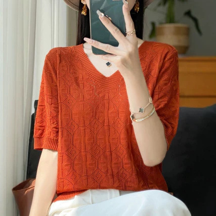 Summer Women's Hollow-Out Breathable T-Shirt, Stylish Short-Sleeve Knit Top, 2026 New Loose Ice Silk Cross-Border Women's T-Shirt