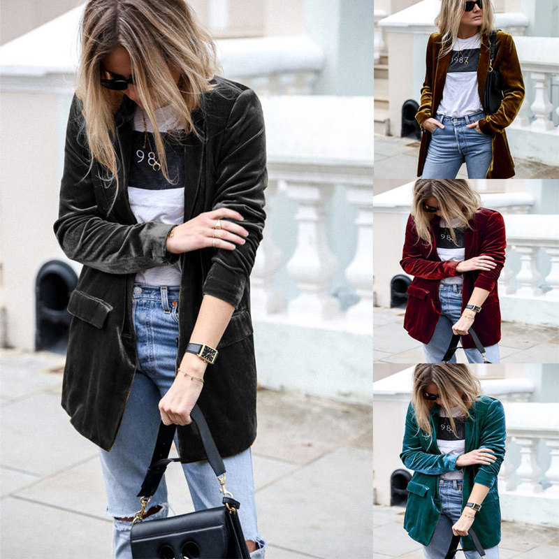 Amazon Cross-Border European and American Velvet Suit 2026 New Solid Color Casual Blazer Cardigan Mid-Length Coat for Women