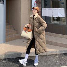 2025冬季新款韩版时尚港风中长款过膝菱格毛领棉衣加厚外套潮