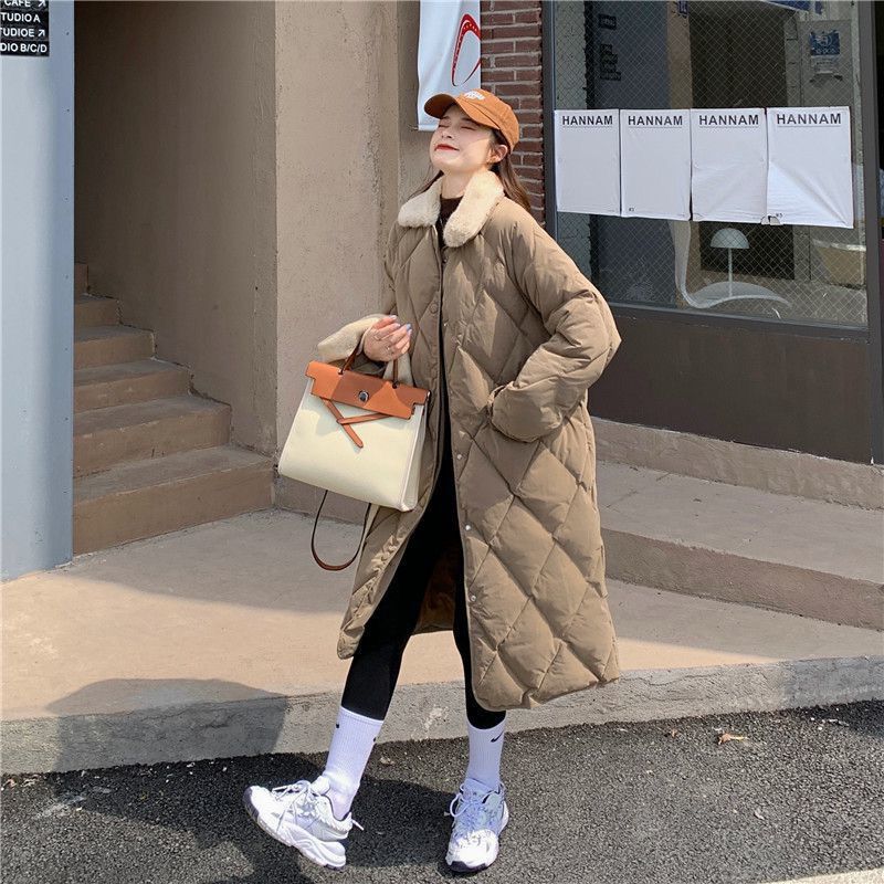 2025冬季新款韩版时尚港风中长款过膝菱格毛领棉衣加厚外套潮