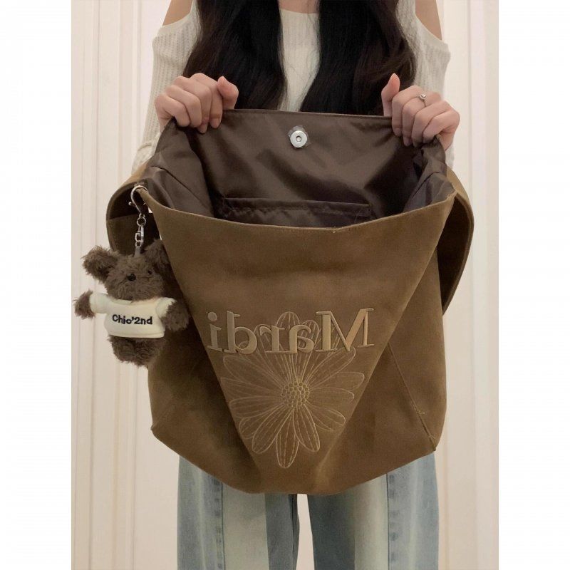 Korean Retro 3D Embroidered Suede Tote Bag For Women - Large Capacity Casual Letter Shoulder & Crossbody Bag For Autumn/Winter - Thumbnail 6