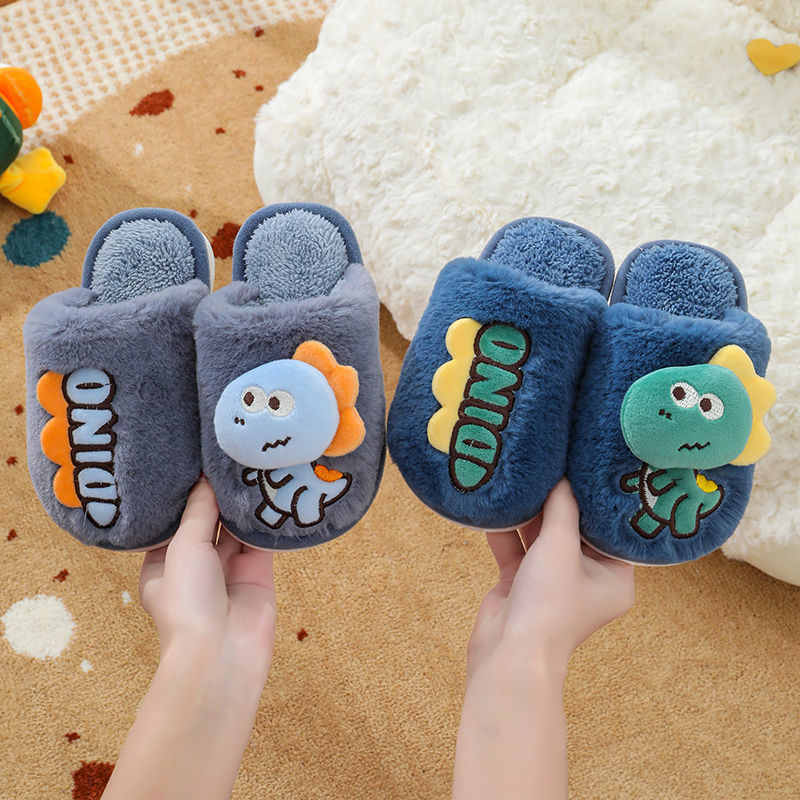 Zapatillas de piso de invierno para niños de dibujos animados de fondo suave casa lindo dinosaurio cálido peludo Grandes Medianas y pequeñas Zapatillas de algodón para bebés