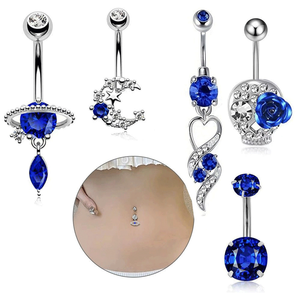 Belly Button Ring Pink Butterfly Zircon Stainless Steel 5-piece_voghion.com