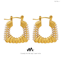 歐美中性風格顯臉瘦仿珍珠U形幾何型耳環鈦鋼鍍金耳扣復古耳飾品