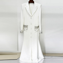 现货 2025新款欧美时尚重工钉珠镶钻西装领连衣裙长裙礼服鱼尾裙