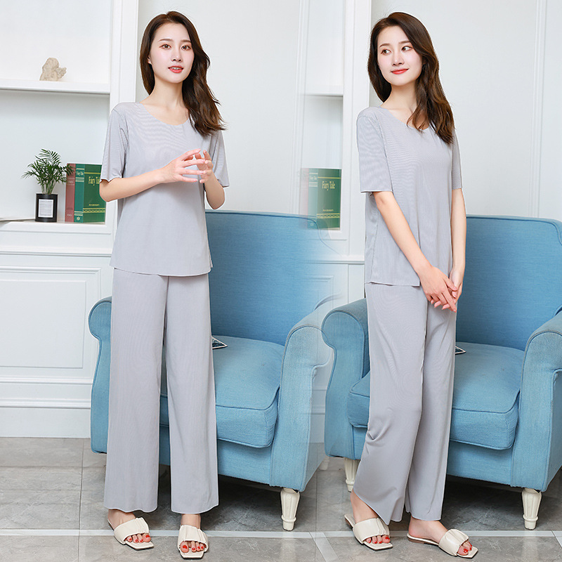 Four seasons women's short-sleeved set pajamas outside wear home clothes solid color cool fashion loose wide leg pants set wholesale