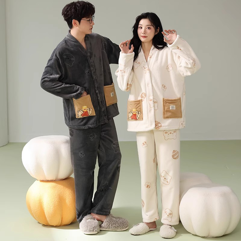 (폴리에스터 섬유 100%) 산호 벨벳 커플 잠옷 가을 겨울 두꺼운 플란넬 가디건 남성용 홈웨어