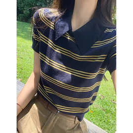 韩系通勤chic撞色条纹针织短袖女2026夏季翻领Polo衫短款小众上衣