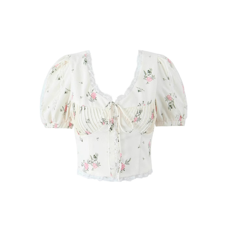 French Romantic Lace Puff Sleeves, Waist-Cinching Holiday Floral Short-Sleeved Tops, Pastoral Style Niche Slimming Tops, Trendy
