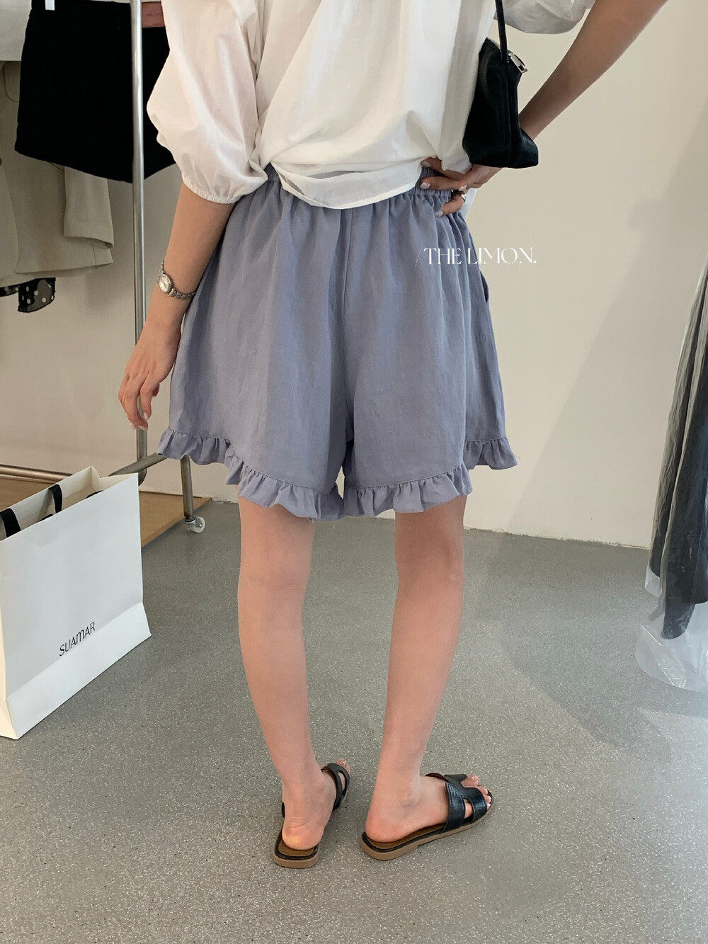 Quần short nữ cạp chun ống rộng chất liệu linen phối viền ren — màu sắc, xanh lam, Màu cà phê, màu hồng chi tiết 22