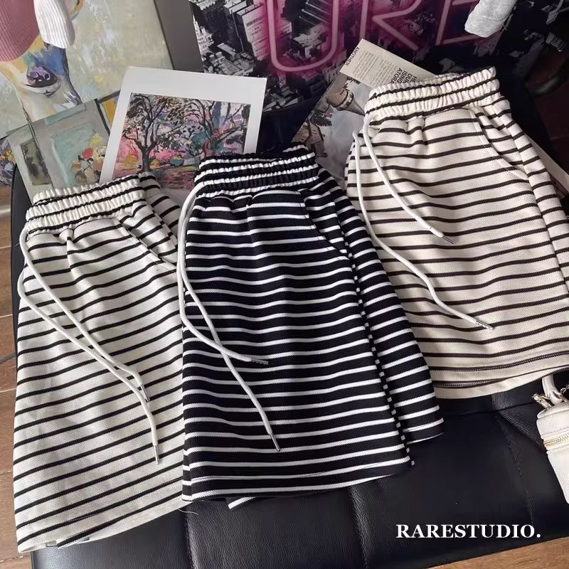 Women's Summer Loose-Fitting Striped High-Waisted Shorts, Versatile Casual Wide-Leg Sleep Shorts for Petite Sizes