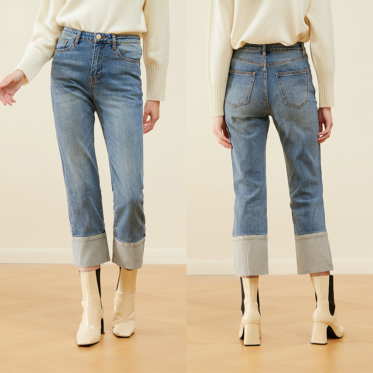 New European and American FD High Waist Micro Elastic Stitching Smoke Tube Straight Pants Washed Blue ins Trendy Cropped Jeans for Women