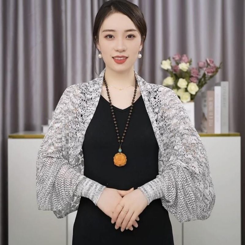 新型韓国版百合サテンカラー透かし彫り長袖ストール女性夏氷糸エアコンルームストール頚椎カーディガン肩|undefined
