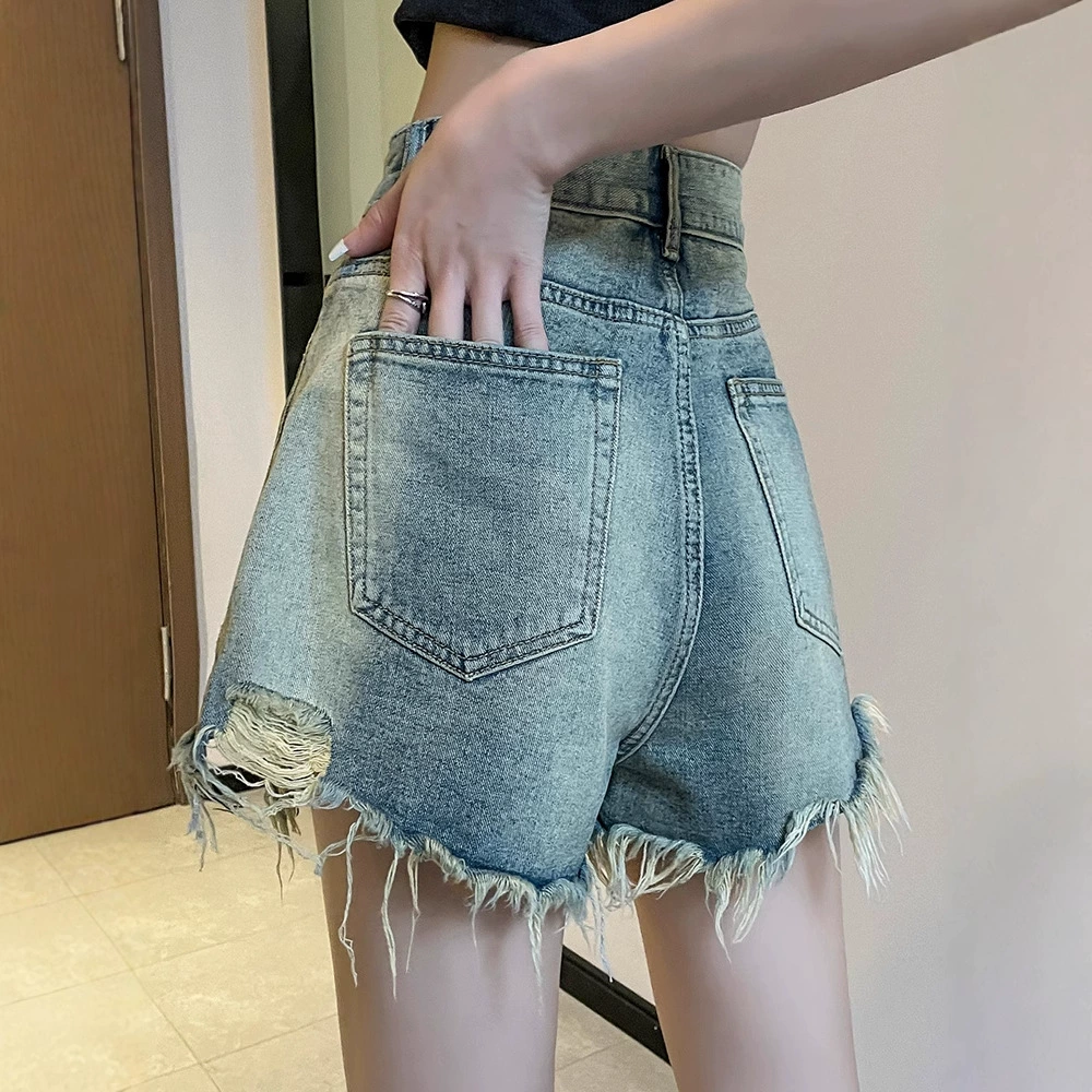 Женские джинсовые шорты 2025, новые летние тонкие рваные брюки, грушевидные, закрывающие бедра, с высокой талией, широкие брюки А-силуэта