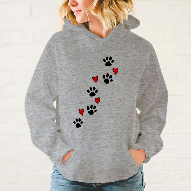 New Dog Paw Printed Hooded Sweatshirt Autumn Winter Women Me