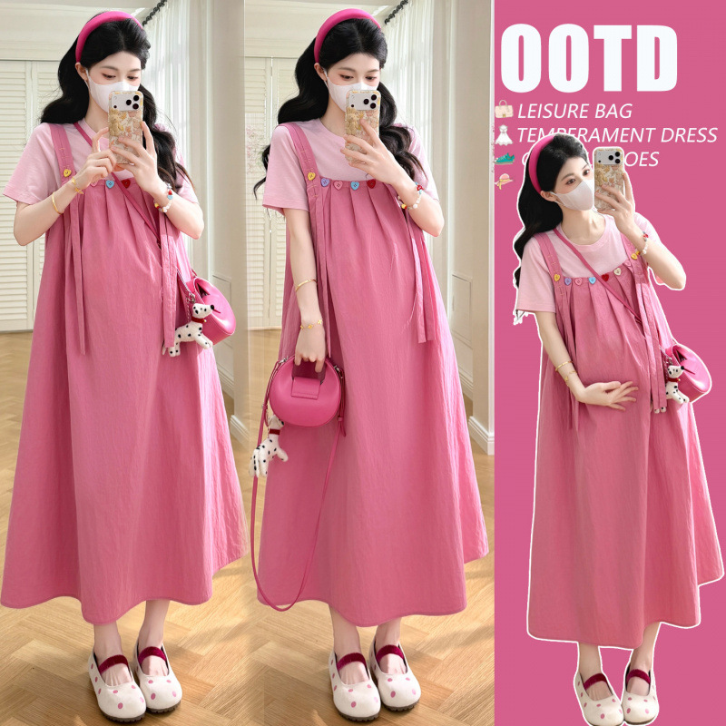 Maternity Summer Dress 2026 New Style French Loose-Fitting Belly-Covering Pink Suspender Dress Two-Piece Set Summer Maternity Dress