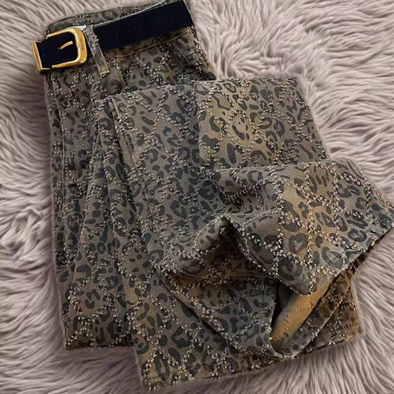 Dames jeans hoge taille luipaardprint rechte denim broek stretch_voghion.com