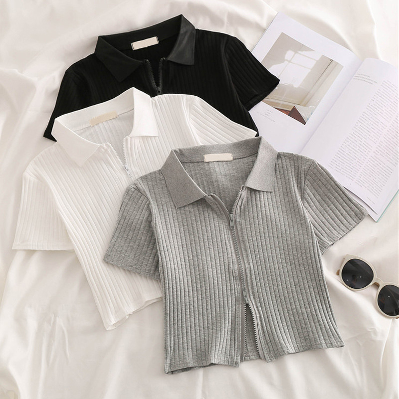 LAPEL T-SHIRT Women's Summer High Waist Navel-exposed Short Zipper Slim-fit Half-sleeve Chic Hong Kong Style Top Short-sleeve Support Hair LAPEL T-SHIRT Women's Summer High Waist Navel-exposed Short Zipper Slim-fit Half-sleeve Chic Hong Kong Style Top Short-sleeve Support Hair