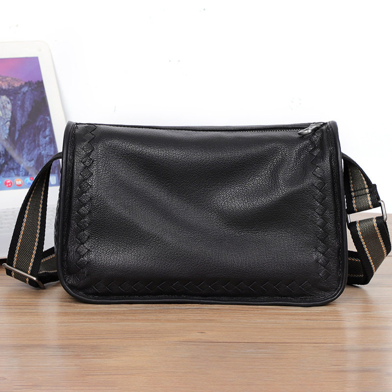 Túi đeo chéo nam da thật dệt đan 29×11×17 cm — Màu đen da bò, Màu đen da cừu
