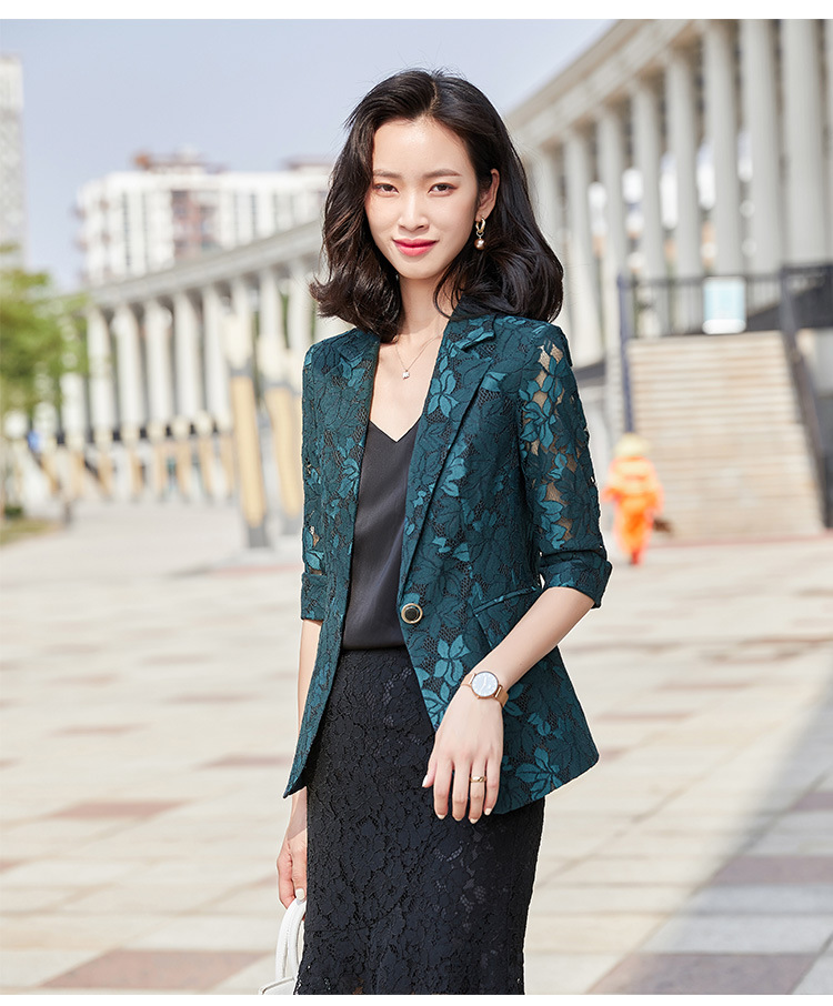 Women One Button Fashion Lace Suit Jacket Lady Office Ol