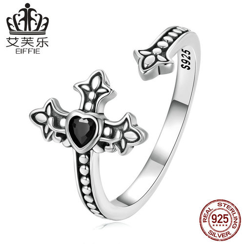 Avro original s925 sterling silver cross open ring simple black heart-shaped zircon dark ring bracelet