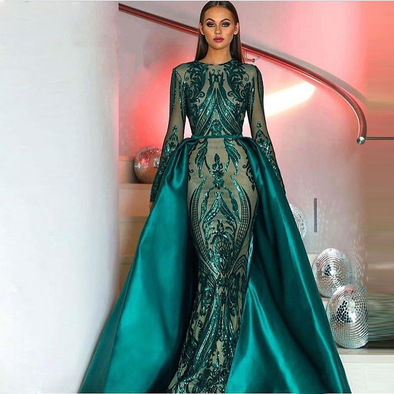 European and American Foreign Trade Evening Dress 2026 Spring and Summer New Green Dress Fishtail Long-Sleeved Light Luxury Trailing Evening Dress Lace