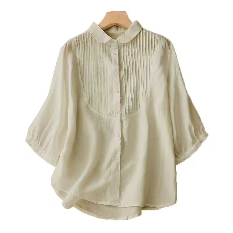 Printing Craft Retro Artistic Loose Cotton Linen Shirt French Piano Pleat New Summer Style Women's Basic Shirt Pure Color Commute Fashion