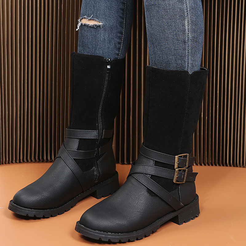 Damenschuhe, Martin-Stiefel mit mittlerer Röhre, Gürtelschnalle, runder Kopf, niedriger Absatz, Ritterstiefel mit seitlichem Reißverschluss, Lederstiefel_voghion.com