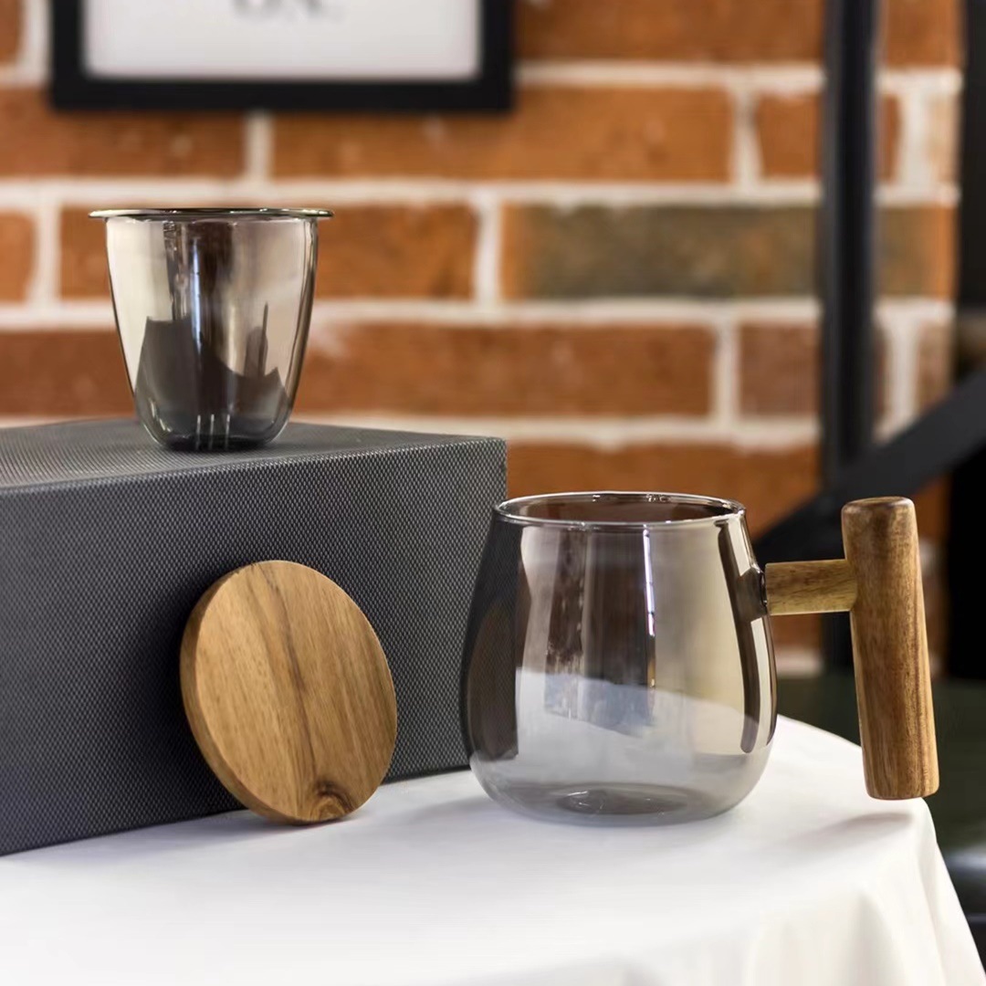 Creativa simple colador taza de té de vidrio mango de madera personalidad de alta apariencia de Internet celebridad taza de agua regalo taza de té perfumada con tapa