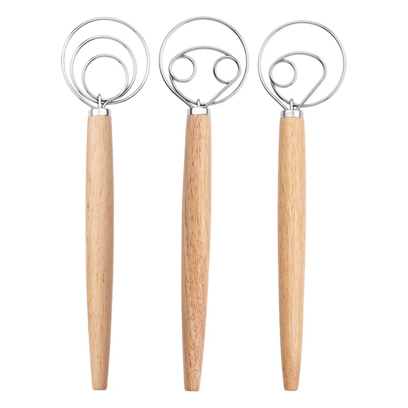 En stock 13 pulgadas mango de roble bobina en polvo batidor mezclador de masa Nordic manual de bobina de harina licuadora