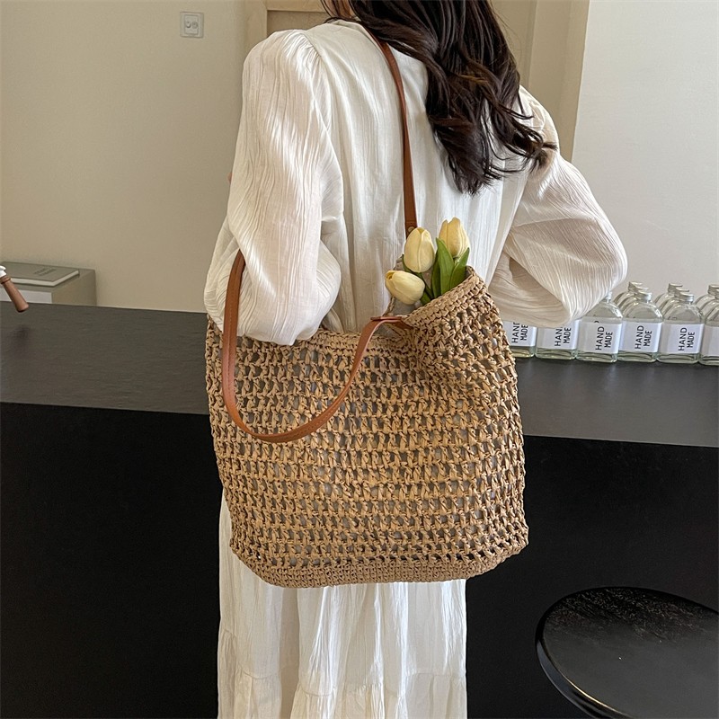 Bolsa de algodón de hombro casual de gran capacidad, nueva bolsa de malla hueca, bolsa de playa de vacaciones en la playa, bolsa de mujer
