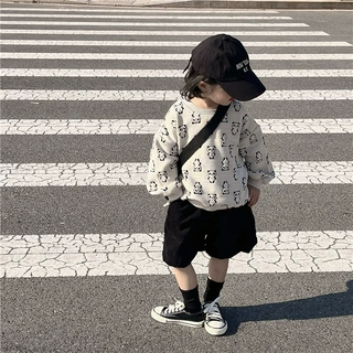 童卫衣2025春秋时髦休闲宽松立体提花熊猫连帽卫衣黑色灯芯绒短裤