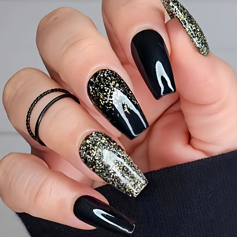 Cross-Border Ballet Simple High-End Glossy Fake Nails Black Gold Shiny Glitter Gradient Wearable Nails Press-On Type