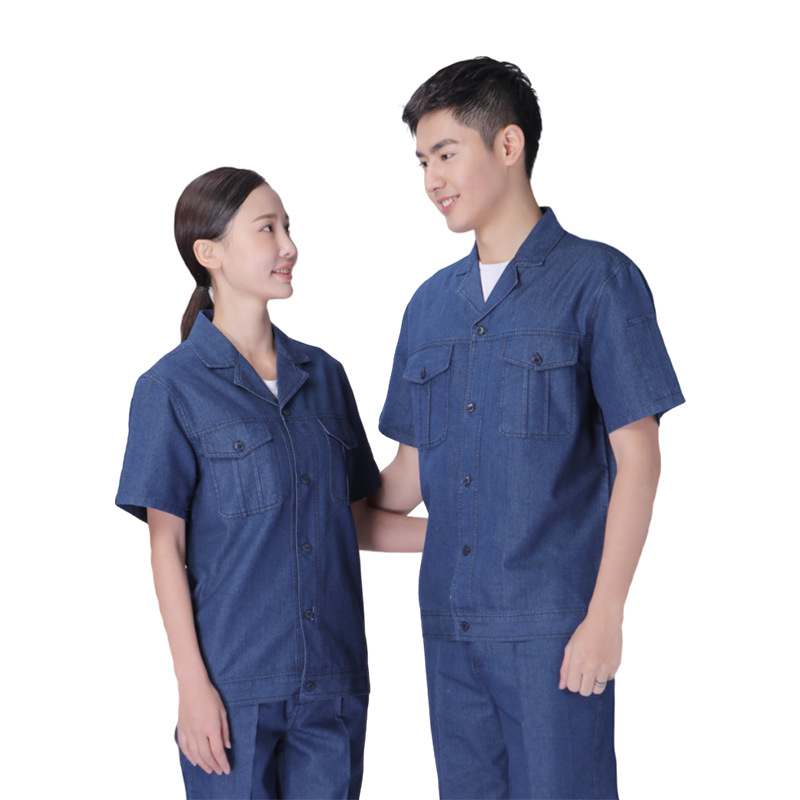 Traje de manga larga y corta con botones y cuello, ropa de trabajo de mezclilla, logotipo impreso personalizado, ropa de protección laboral de fábrica, ropa de trabajo de soldadura para reparación de automóviles