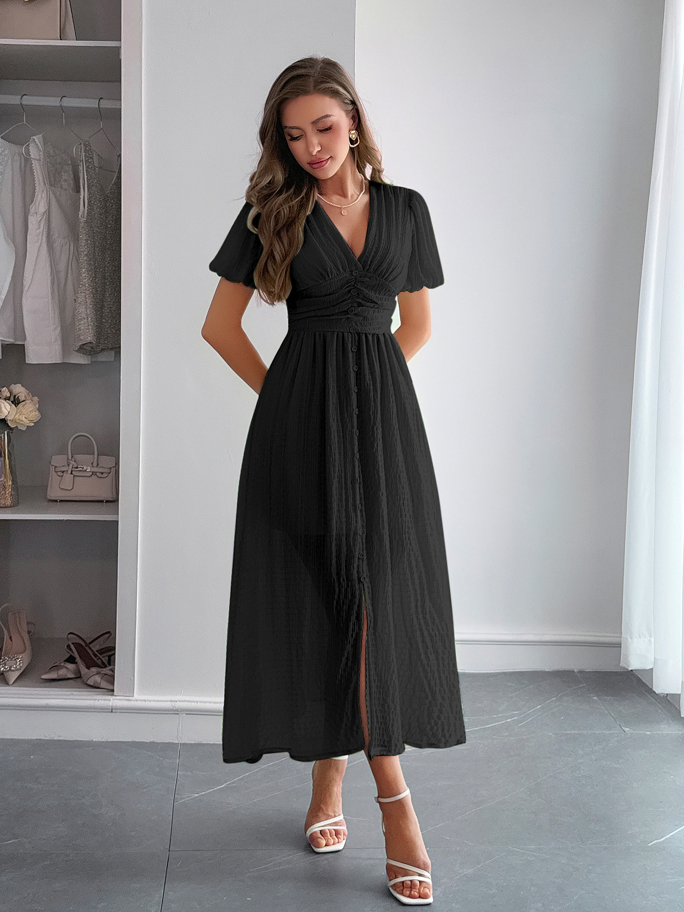 327g Weight Midi Dress Dress Length Type Short Sleeve Sleeve Length Sheath Dress Dresses Type Polyester Fabric Type Mid Waist Waist Line Casual, Daily Occasion V Neck Neckline Slim Fit Type Solid Color Pattern Summer Season Women's Gender Vacation Style Wholesale Women's Vacation Solid Color Casual Daily V Neck Short Sleeve Sheath Dress 4