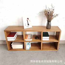 老榆木实木格子书柜复古落地靠墙客厅一体置物架矮柜民宿装饰书柜