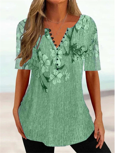 【Cross-border European and American Women's Fashion Amazon  Summer Loose V-neck Short-sleeve Pleated Button-down Shirt】