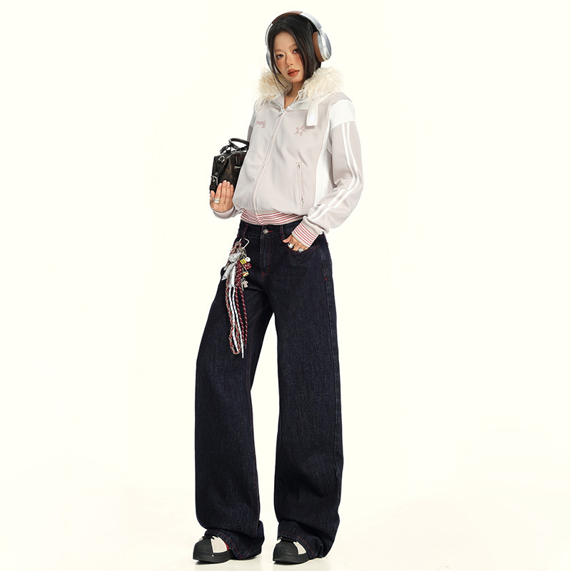 韩版撞色丹宁原牛牛仔裤直筒女秋季新款深色宽松松弛感水洗牛仔|undefined