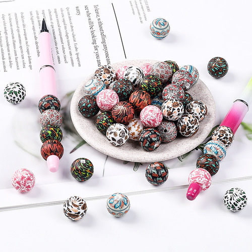 Silicone beads 15mm with factory honeycomb pattern, water transfer leopard print bracelet spacer beads, silicone scattered beads