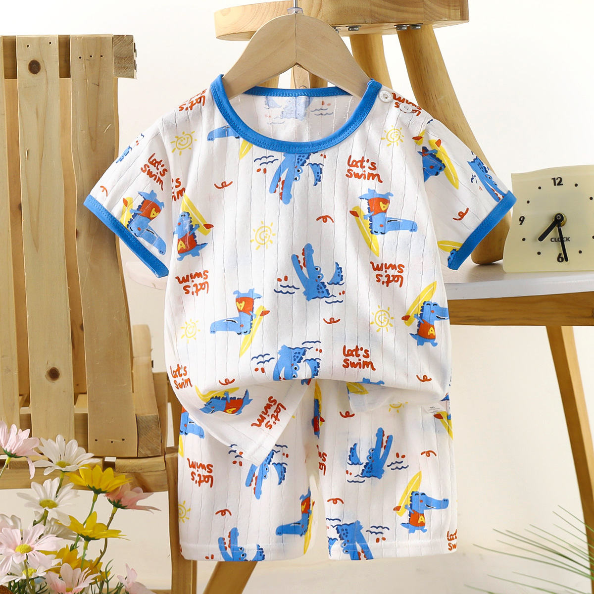 Nuevo traje de bebé de verano de dos piezas de manga corta de algodón para niños, pantalones cortos para bebés, ropa de casa delgada de dibujos animados