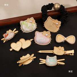 新中式宋锦手工diy发夹底托珍珠猫猫头空托鸭嘴夹发饰发绳圈配件