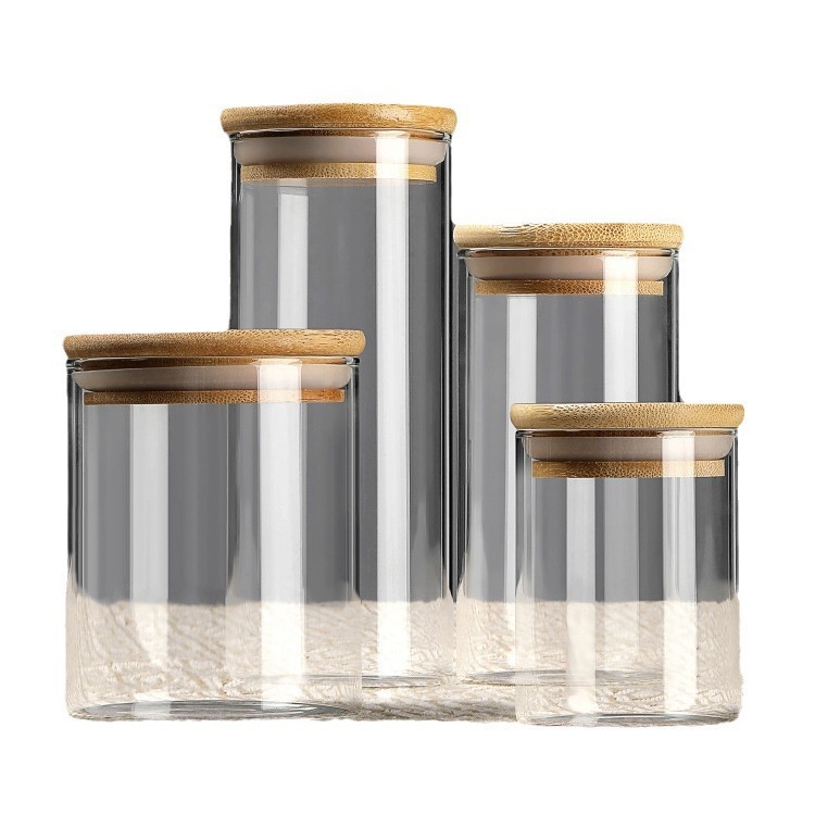 Taza de sellado de vidrio con cubierta de bambú redonda alta borosilicona granos de café recto tanque de almacenamiento de té frutas secas granos