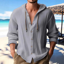 跨境亚马逊2025新款时尚春夏男士连帽衬衫纯色棉麻休闲长袖上衣。