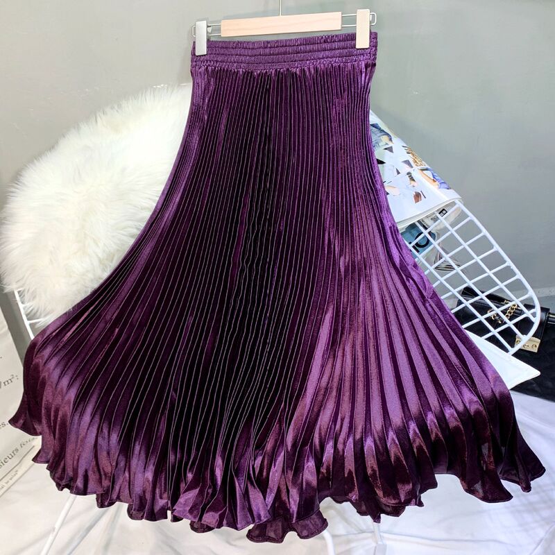 Foreign Trade Long Skirt Reflective Bright Color Satin Pleated Fishtail Skirt Skirt Women's High Waist Mid-length Dance Skirt Large Swing Umbrella