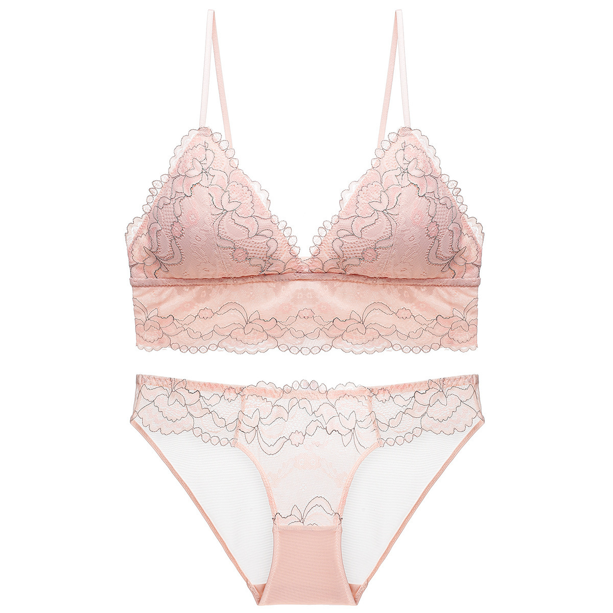 Fashionable Girls with Steel Ring Free Triangle Cup Sexy Lace Thin Women's Underwear Bra Set_voghion.com