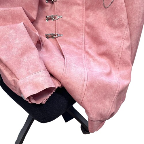 American Retro Metal Button Pink Leather Jacket Women Spring and Autumn Season Loose Motorcyclist Workwear Jacket Top Trendy